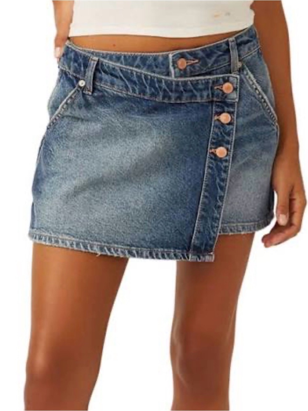 Free People Washed Blue Denim Wrap Mini Skirt
